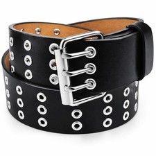 Men's Women's Leather Three Row Silver Grommet Holes Black Belt S / M / L / XL