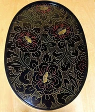 Echizen Lacquerware Oval Tray Peony Arabesque with Sankin Gold 1950s Vintage