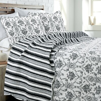 French Medallion Black 100% Cotton Quilt Set, Bedspread, Coverlet