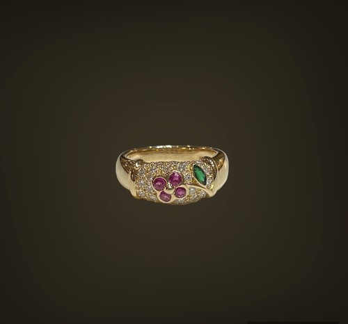 Anillo Van Cleef & Arpels Oro Amarillo 18k Diamante Zafiro Rosa Esmeralda Flor - Imagen 2 de 5