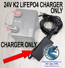 24V LiFePO4 CHARGER, 1.5A with Ring Terminals for K2 Energy 25.6V K2B24V10EB