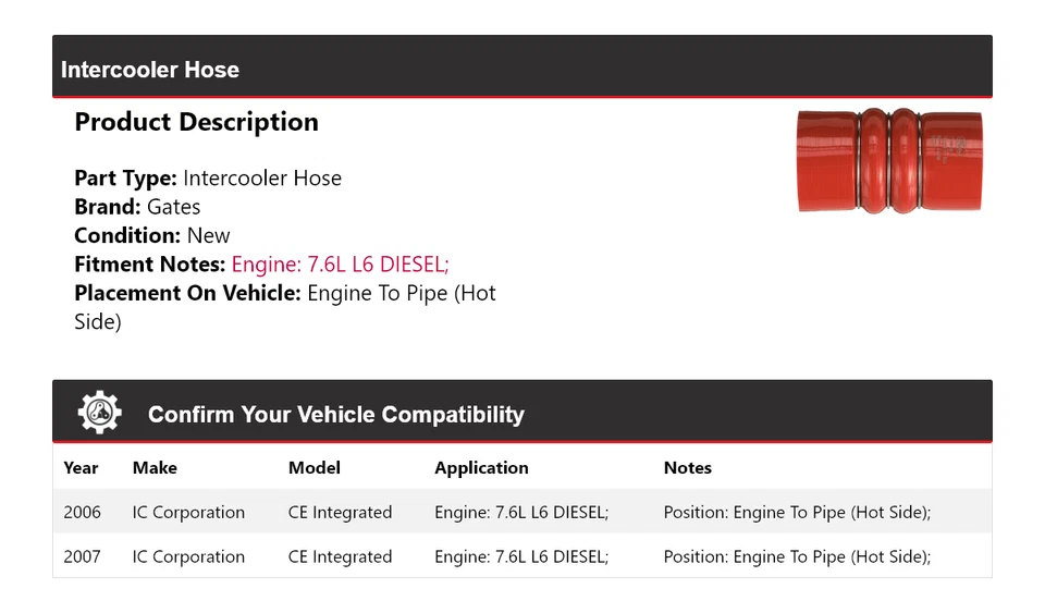 Puertas de manguera intercooler integradas para IC Corporation CE 2006-2007 Foto 2 de 4