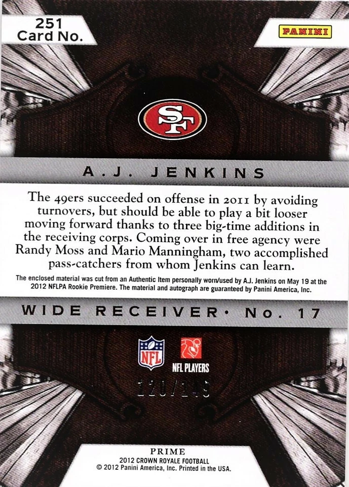 2012 Crown Royale A.J.Jenkins Auto 2 Color Patch RC /149 #251 SF 49ers SP Rookie - Image 3 of 3