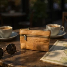 Leather Coin Purse / Mini Wallet / Key Pouch - 2 Zippered Sections