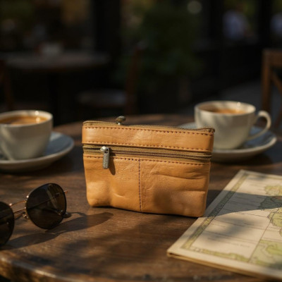 Leather Coin Purse / Mini Wallet / Key Pouch - 2 Zippered Sections