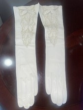 MADOVA GLOVES ITALY FORMAL LONG 15" GLOVES REAL KID SKIN CUT-OUTS IVORY 7.5