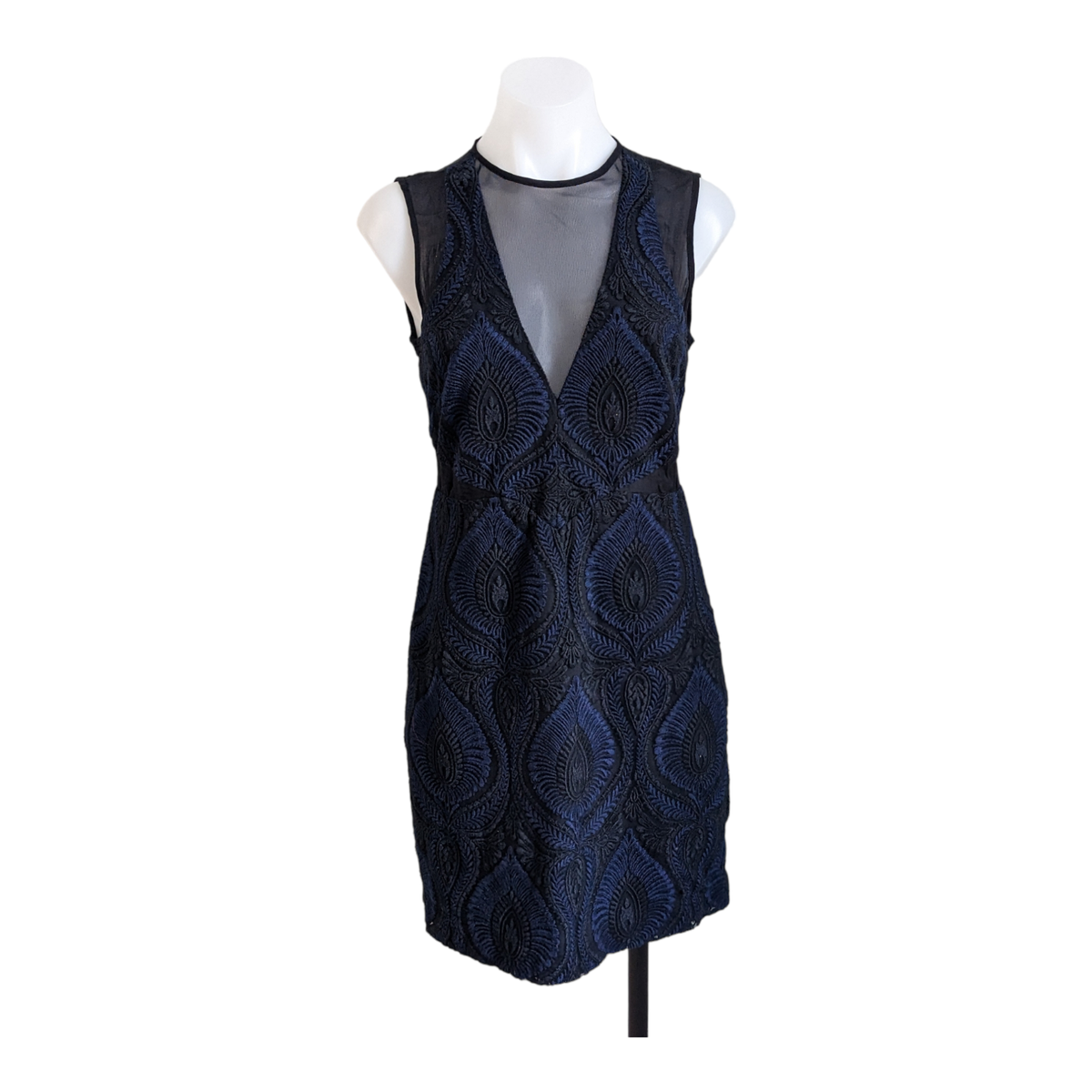 Nicole Miller Size 4 Embroidered Lace Sheath Mini Dress Navy Blue Mesh Details Nicole Miller Size 4 Embroidered Lace Sheath Mini Dress Navy Blue Mesh Details