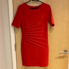 Suzy Shier  Red Orange Round Neck Short Sleeve fitted ruched dress size m 