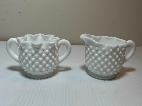 VINTAGE PAIR FENTON WHITE MILK GLASS HOBNAIL CREAMER AND SUGAR BOWL