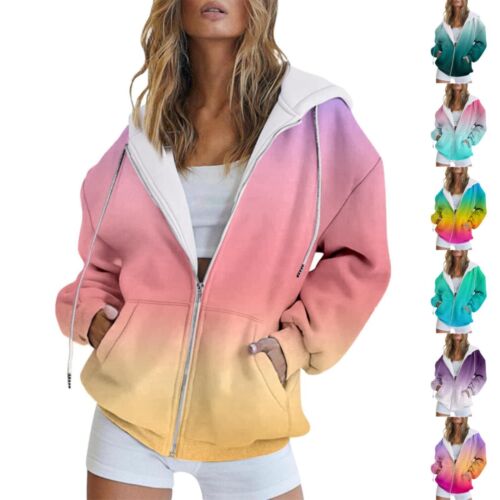Women Hooded Long Sleeve Zipper Jacket Ladies Jumper Hoodie Gradient Coat Plus