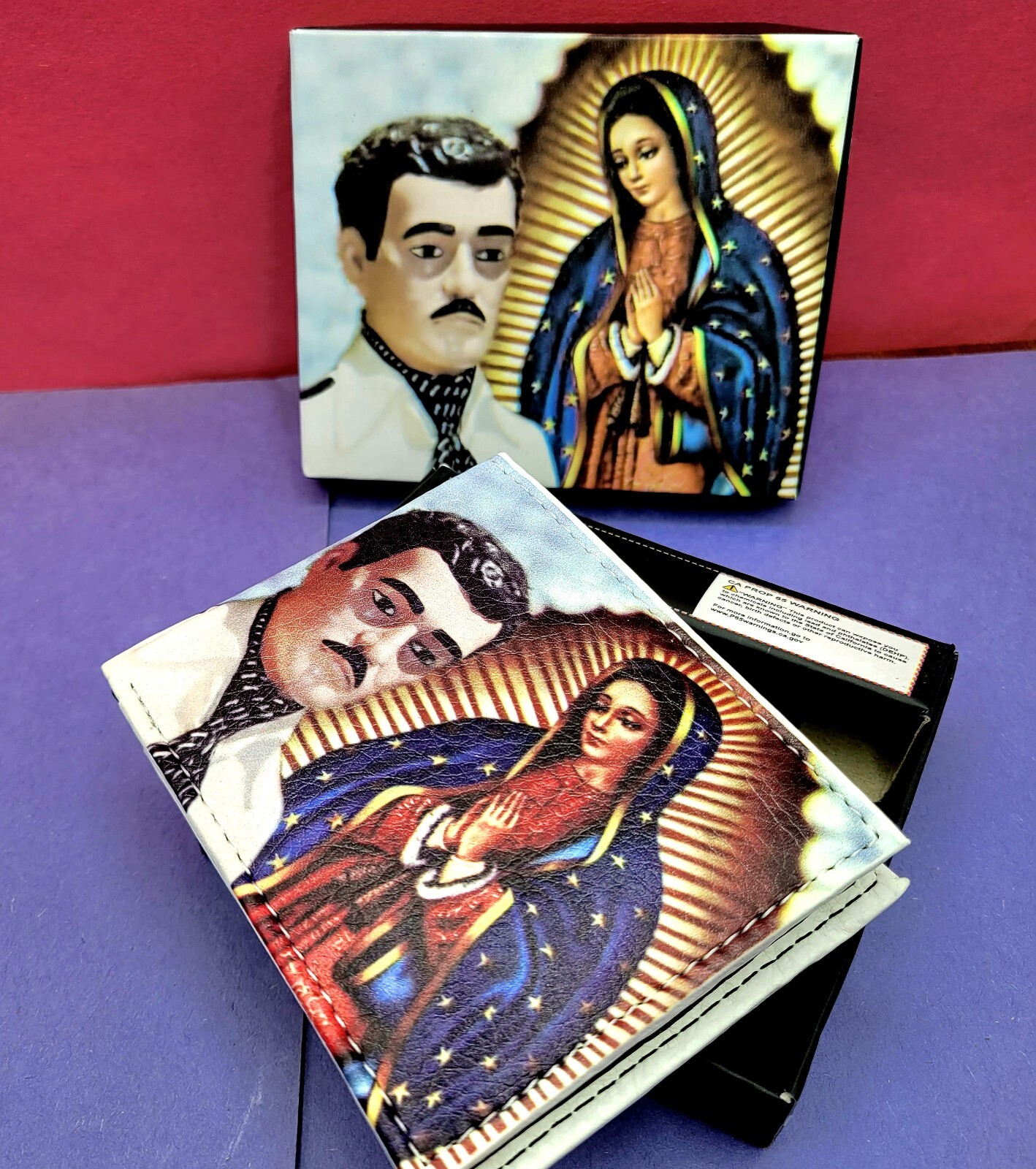 Men's Virgin de Guadalupe & Malverde Bi-Fold Faux Leather Wallet in Gift Box-image
