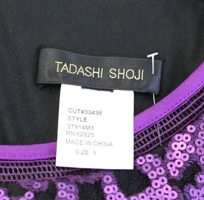 M  Tadashi Shoji Purple Black Sequin Mesh Flounce Hem Cocktail