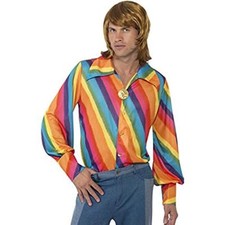 70's Rainbow Disco Shirt Men's Poly Multi Stripe Wide Collar Costume Shirt Med