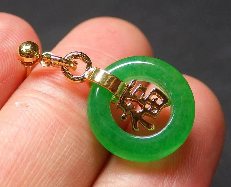 Pendientes Placa de Oro JADE Verde Fu Círculo de la Suerte Diamante Imitación 100917 Foto 3 de 4