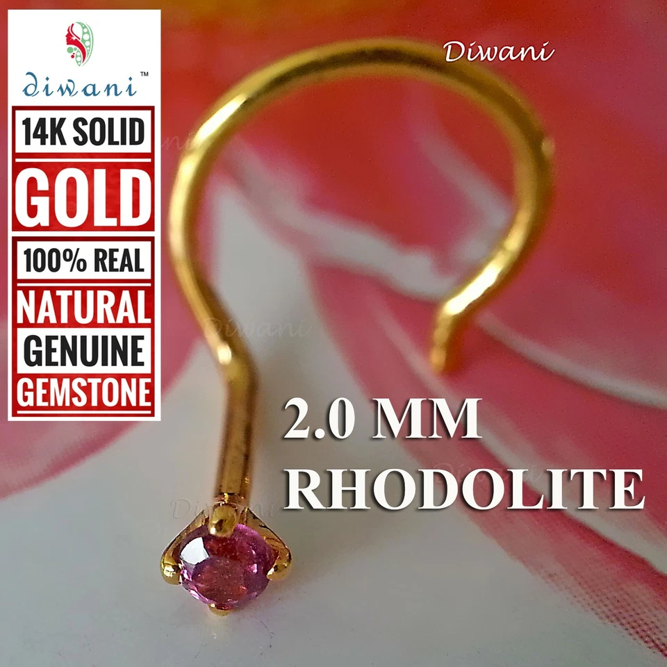 Piedras preciosas de rodolita natural de 2,0 mm de oro de 14 k pasador de nariz de boda anillo perno Foto 2 de 4