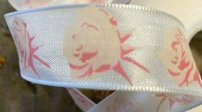 Flowers Satin Rayon Painted Roses Ribbon White Cream Pink 1yd Made in France