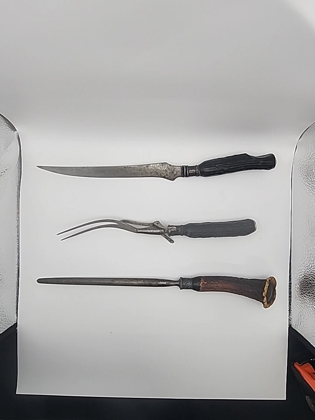 Lee Antique Carving Fork Knife Sharpener Honing Steel Genuine Horn Sterling Set