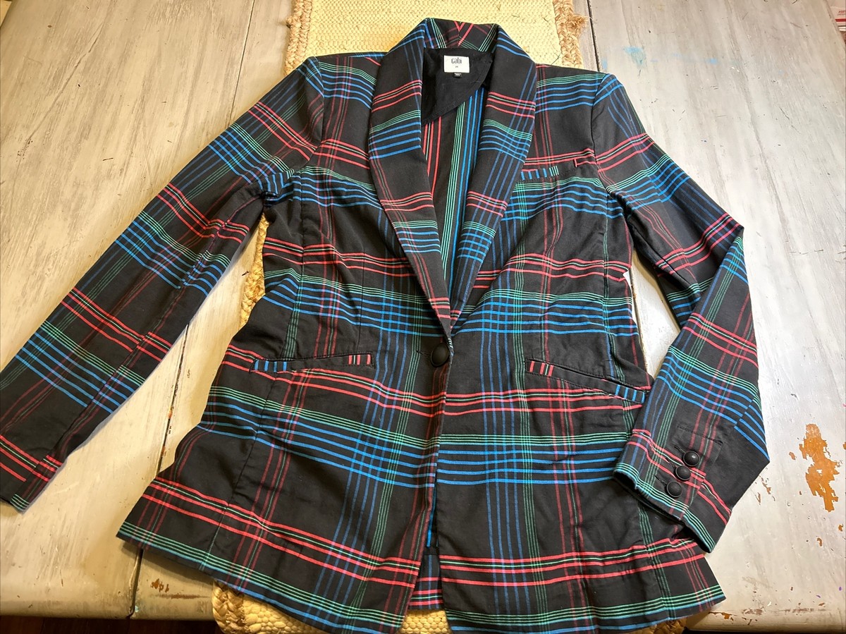 CAbi Holiday Plaid Black Red Blue Green Long Sleeve Blazer Jacket