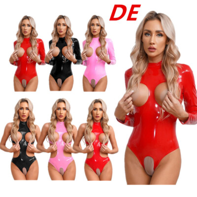 DE Damen Shiny Glänzend Catsuit Lack Body Stringbody Erotische Wetlook Dessous