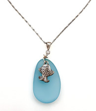 Handcrafted Blue Sea Glass Etched Fish Pendant Necklace