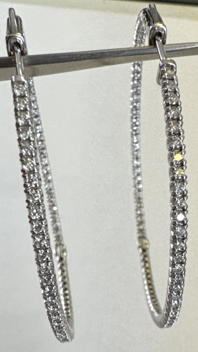 14K Solid White Gold Diamond Extra Large Hoop Ear… - image 4