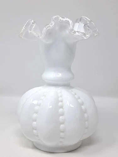 Fenton Silvercrest 6" Vase white milk glass w/ clear lip Beaded Crimped Melon