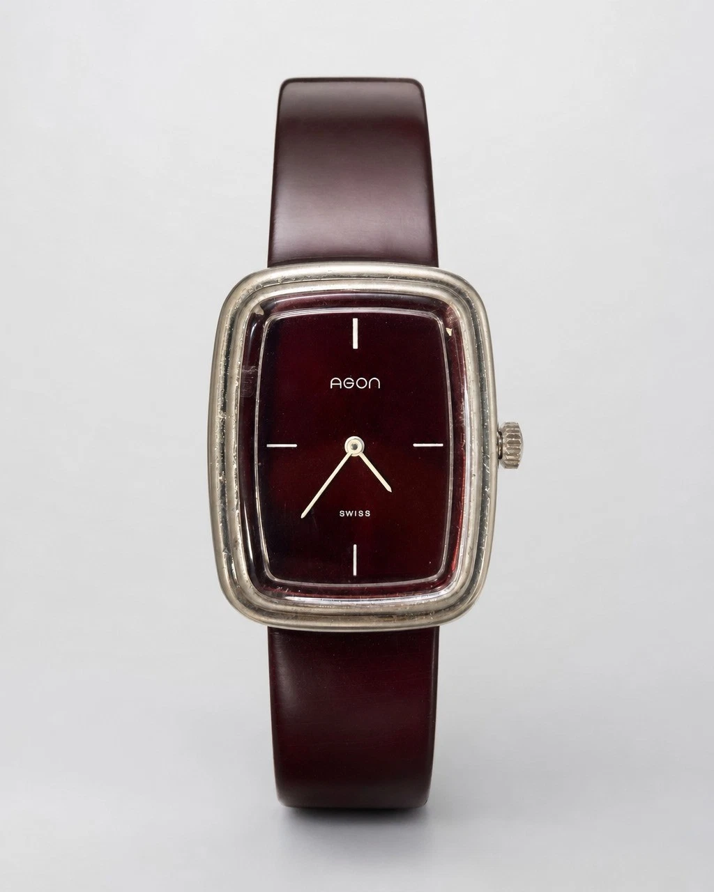 Vintage 1970s Agon Swiss Burgundy Dial TV Case Manual Wind Watch 31x37mm Tank image 1