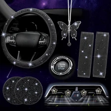 11PCS Bling Car Accessories Set for Women – Steering Wheel & Seat Covers