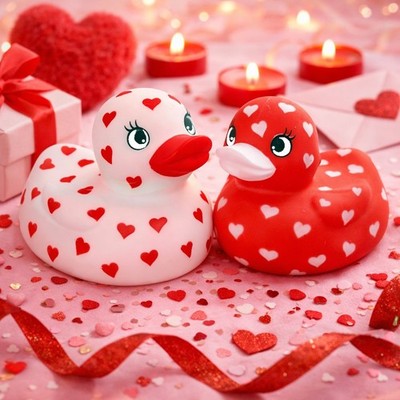 2 X Valentinstag Gummi Ente Geschenk Paar Rot & Weiß Liebe Herz Buddy Bad Toy