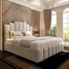 Modern Luxury Velvet King Bed Frame Art Deco Wingback Headboard Upholstred Beige