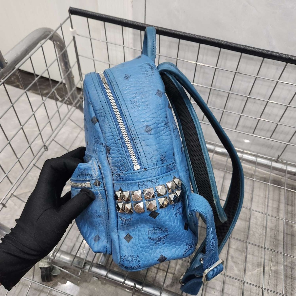 MCM Blue Monogram Rivet Small Backpack For Women | eBay display picture 3