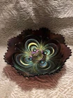 Amethyst Purple Imperial Carnival Glass Scroll Embossed Ruffled Bowl 7 1/2" Wide