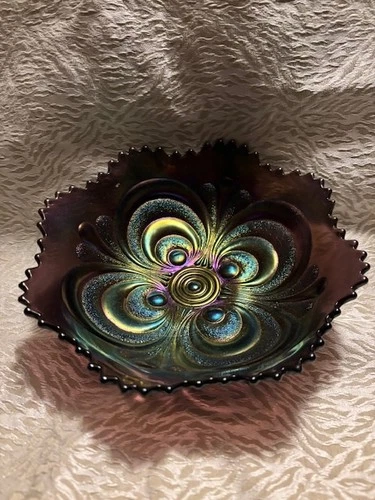 Amethyst Purple Imperial Carnival Glass Scroll Embossed Ruffled Bowl 7 1/2" Wide