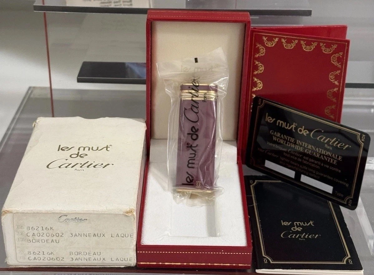 Cartier — Vintage Cartier Trinity Bordeaux Lacquer Gold Plated Lighter Full Set