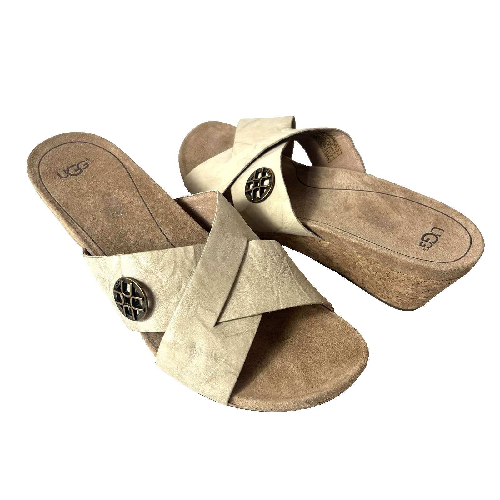 Sandali UGG donna 9 beige pelle incrociata sughero zeppa estivi casual slip on