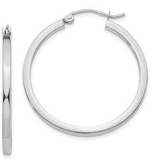 30mm 14k White Gold 2mm Square Tube Hoop Earrings T1085