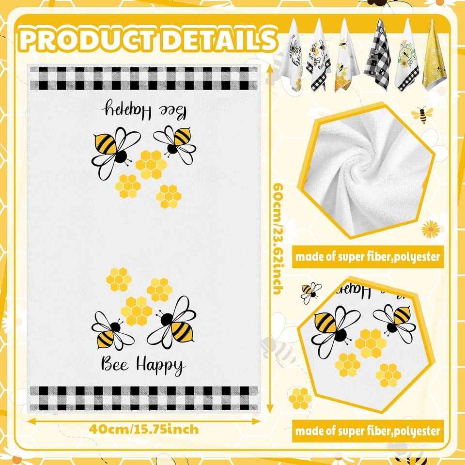 Oudain 6 Piezas Abeja Toallas de Cocina Miel Abeja Cocina Decoración 15.8 X 23.6 Pulgadas Plato  Foto 4 de 4