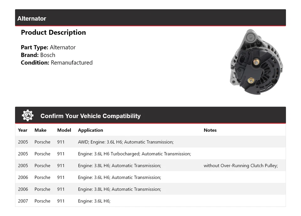 Alternador para Porsche 911 Bosch 2005-2007 (remanufacturado) 2006 Foto 2 de 4