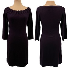 Connected Apparel Knit Sweater Dress Gathered Neckline 3/4 Sleeve Eggplant Small