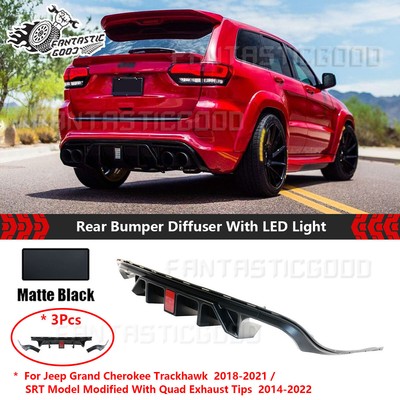 For Jeep Grand Cherokee Trackhawk SRT 14-22 Matte Black LED Rear Bumper Diffuser