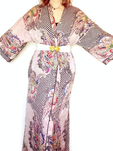 Vintage Silky Kimono Dressing Gown Pink Black Stripe Paisley M L Pattern Print - Picture 8 of 11