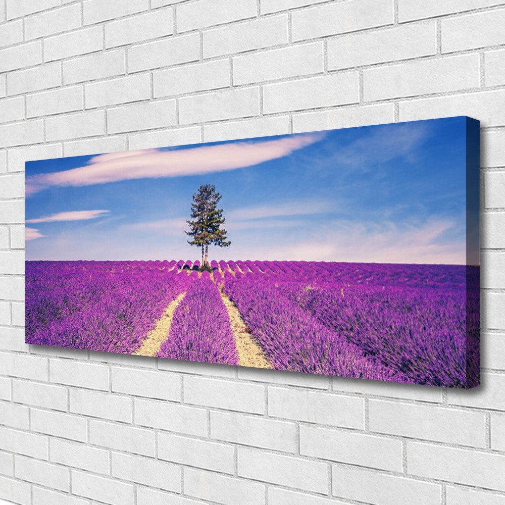 Toile imprimée 125x50 paysage arbre et prairie aux couleurs vives sur châssis en bois robuste