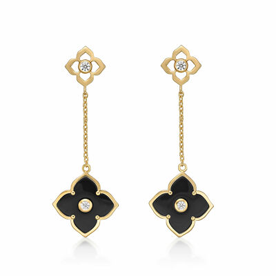 Schwarze Onyx Blume hängende Tropfen Ohrringe gelb Sterlingsilber Reibungsrücken