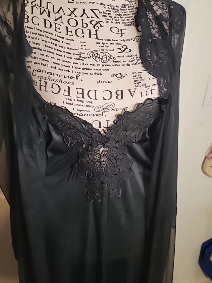 Винтажный ADONNA черный нейлона ночная рубашка Peignoir развертки назад кружева с ремешками большой новый с Ярлыками - Изображение 4 из 4