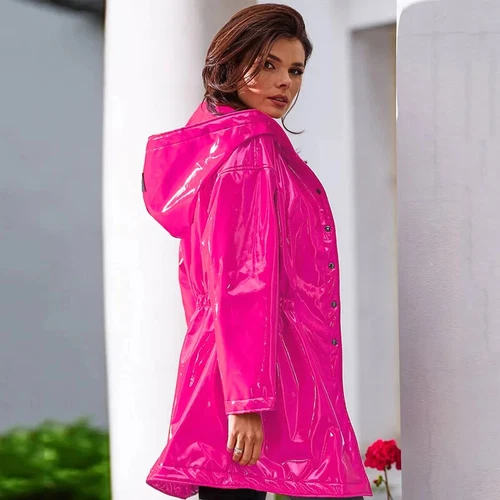 Women Casual Patent Leather Hooded Trench Loose PVC Long Jackets PU Outwear - Picture 10 of 17
