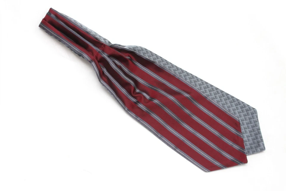 男式 Cravat Ascot Maroon 灰色条纹双面 100% 真丝 A139 全新带盒 — 第 2/4 张图片