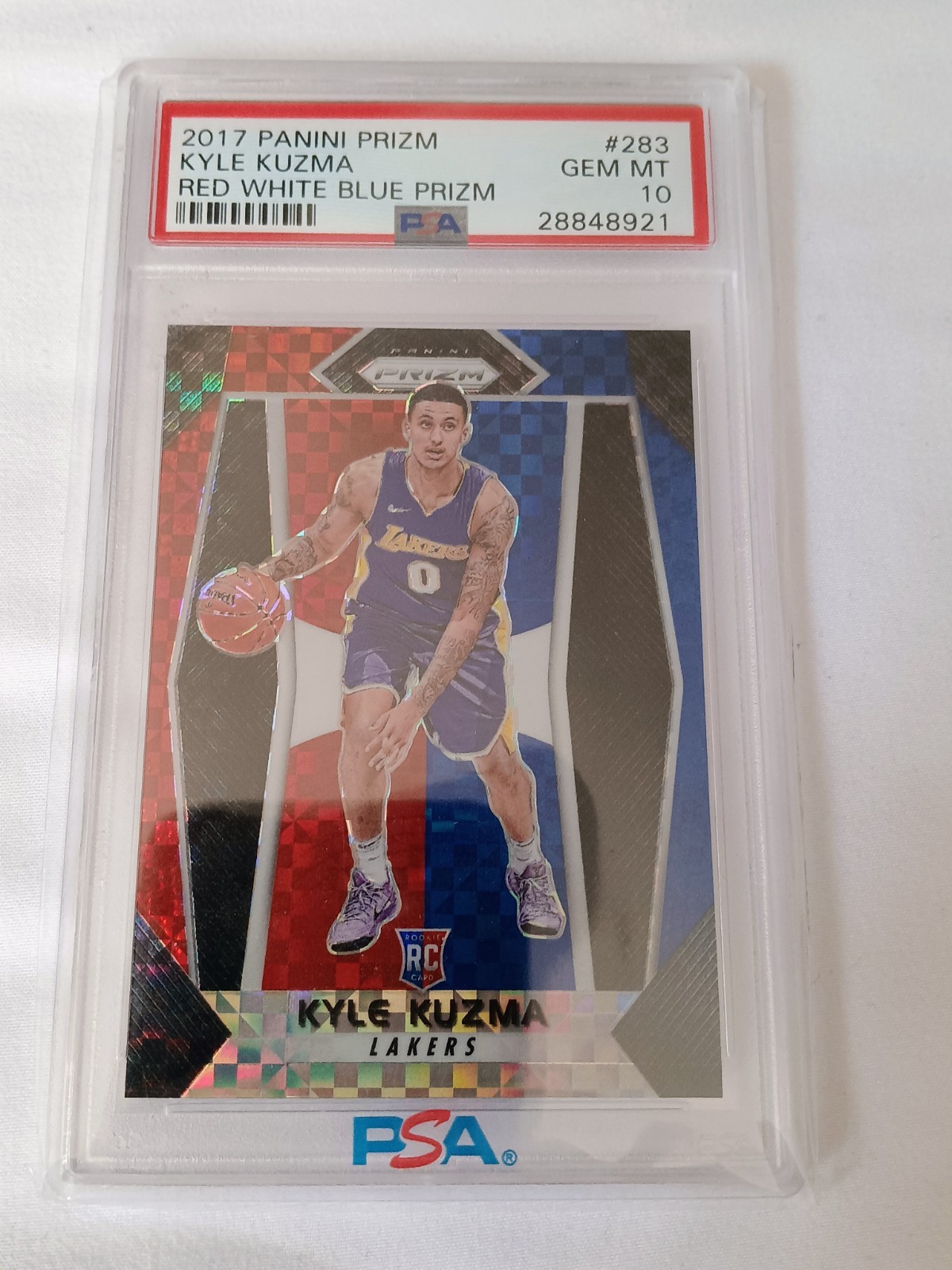 2017-18 Panini Prizm Kyle Kuzma #283 RED WHITE & BLUE PRIZM ROOKIE (RC) PSA 10