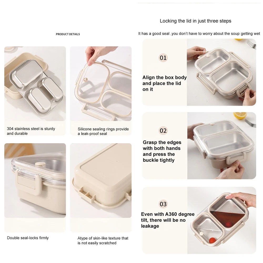 Bento Box Lunch Box Stainless Steel Food Container with 3 Compartments is Sealed