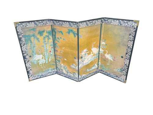 20th Century Japanese School Four Panel Painted Folding Table Screen READ