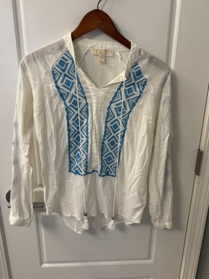 MICHAEL Michael Kors Women s XS White Blue Embroidered Tassel Boho Blouse